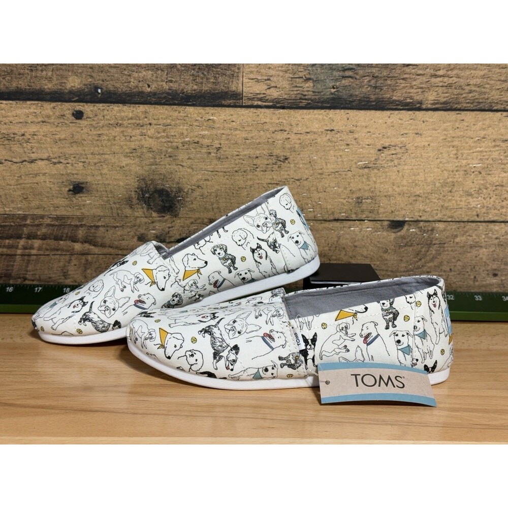 Toms White Canvas Slip-On Flats with Dog Print